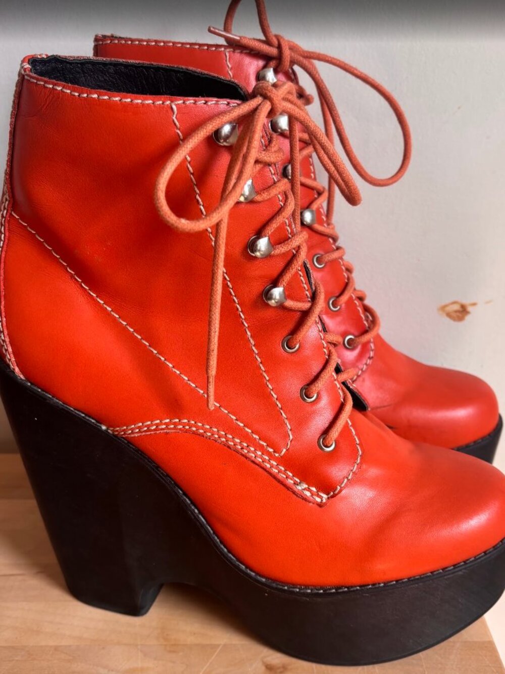 Jeffrey Campbell Tardy Orange and Black Platform Leather Lace Up Boots 10